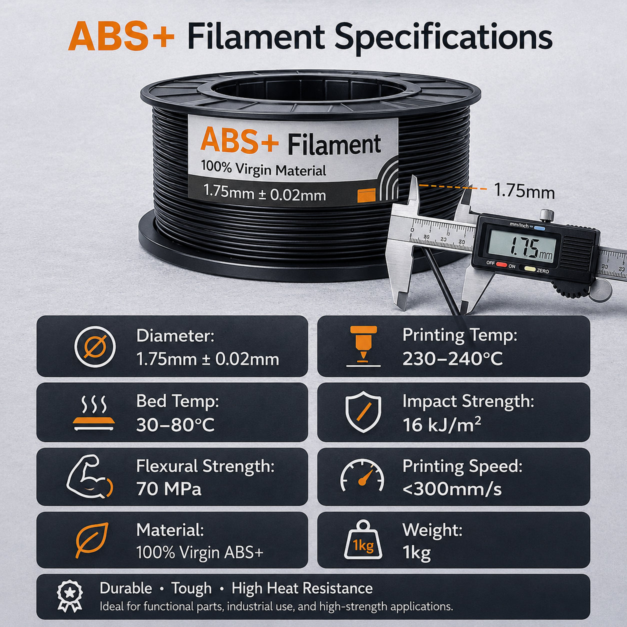 ABS+ Filament 1.75mm | High Strength | Low Warp | 1kg | ±0.02mm Accuracy