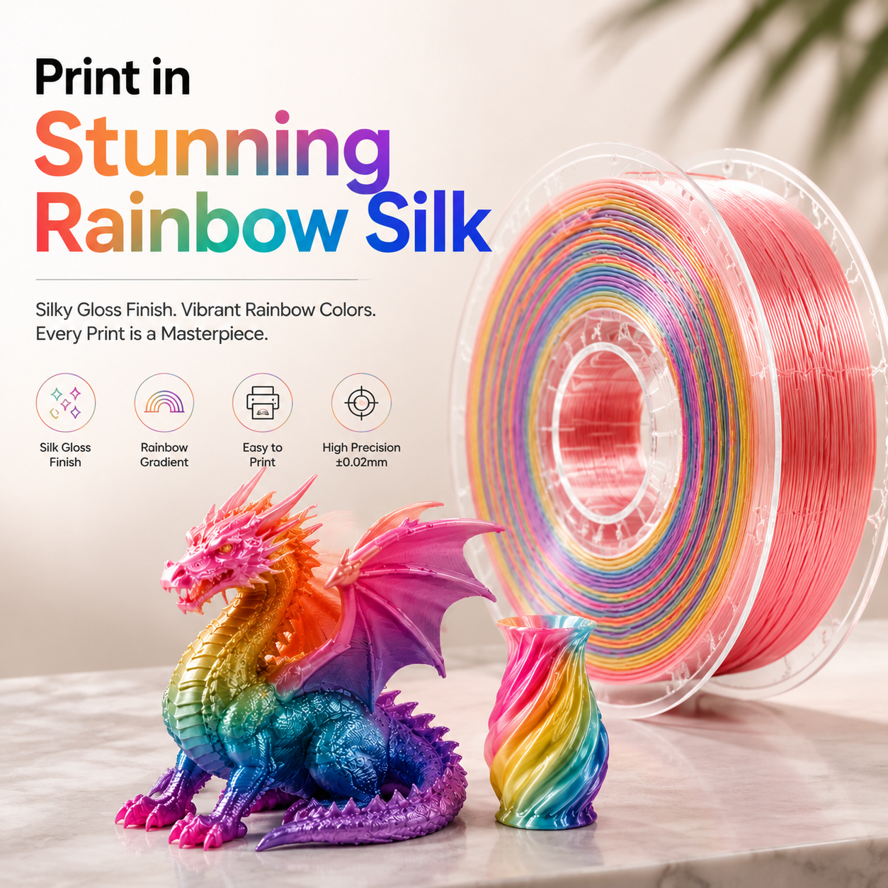 PLA Silk Rainbow Filament 1.75mm | Glossy Multicolor Gradient PLA