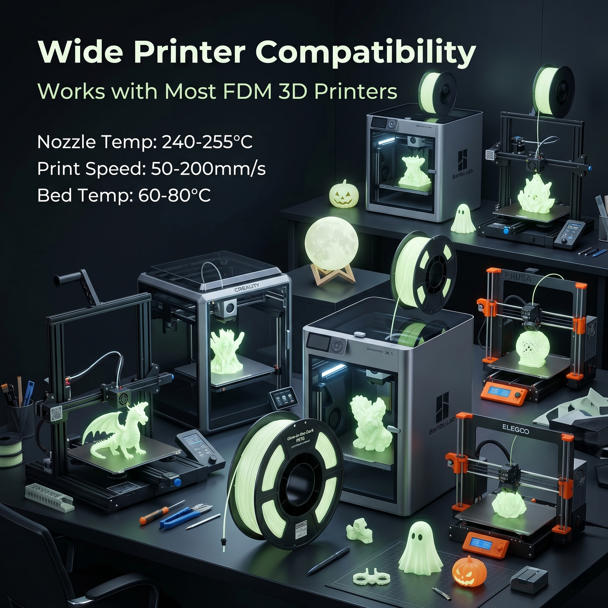 Glow in the Dark PETG Filament 1.75mm | Luminous 3D Printer Filament | Strong, Tough, Durable & Easy to Print