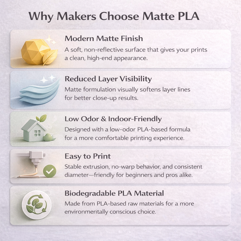 Matte PLA Filament – Low-Gloss Finish, Easy Printing & Low Odor for Home and Studio Use